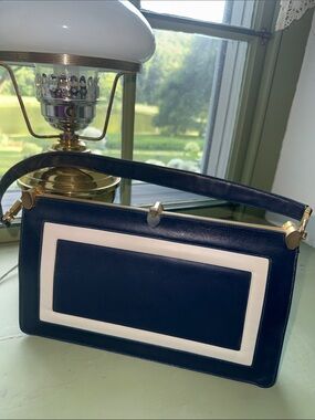 Navy and White Rectangular Shoulder Bag - Classic Women's Handbag